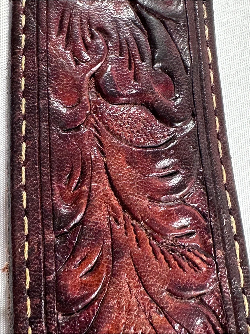 Vintage Hand Tooled Leather Western Belt Floral Carved Brown Brass Buckle